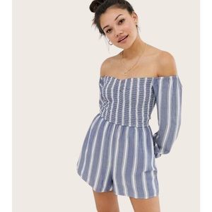 Hollister Romper Off the Shoulder Long Sleeve Blue and White Striped Medium